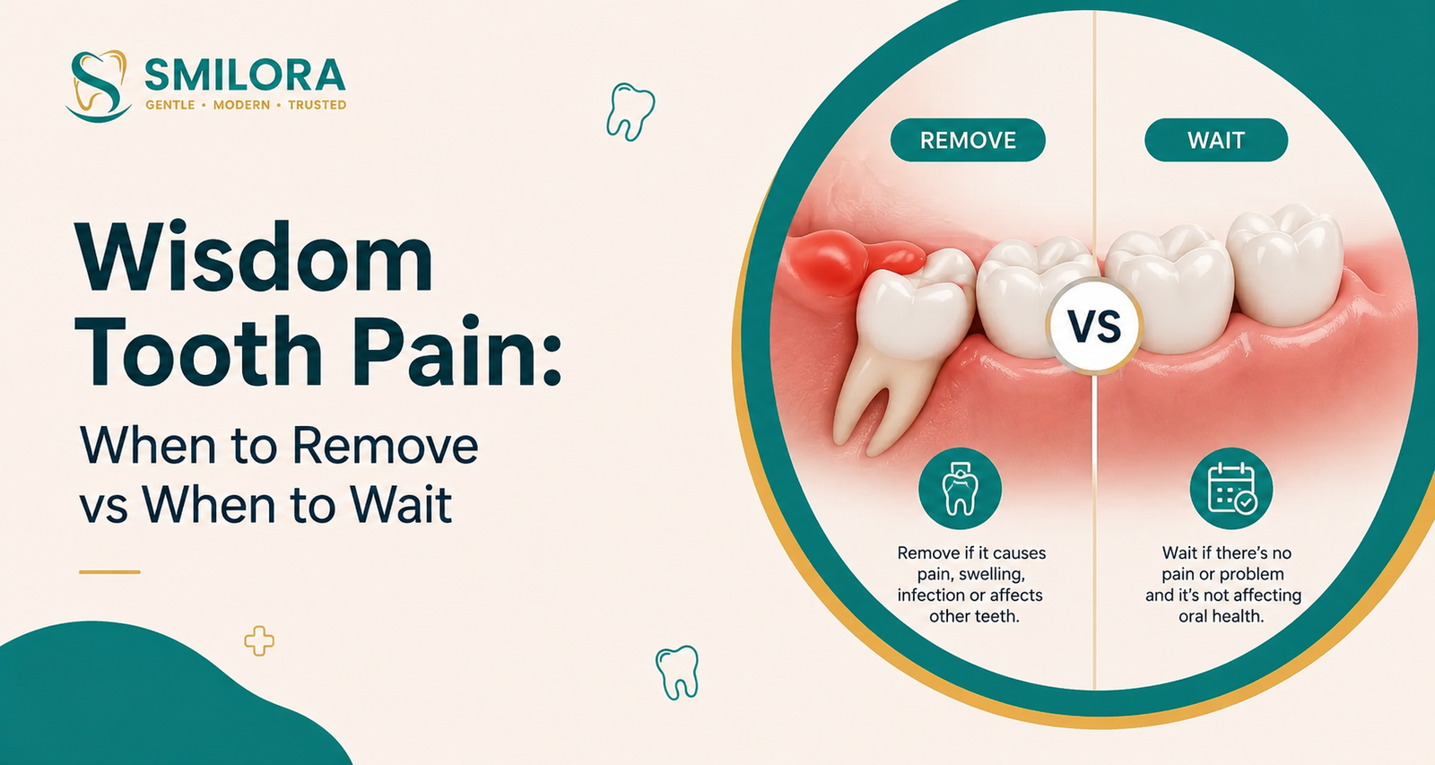Professional dental infographic showing wisdom tooth pain guidance, comparing when to remove versus when to wait. The design features a split view of an affected wisdom tooth causing discomfort and a healthy wisdom tooth, with a modern dental clinic theme, teal and gold accents, and a clean beige background.